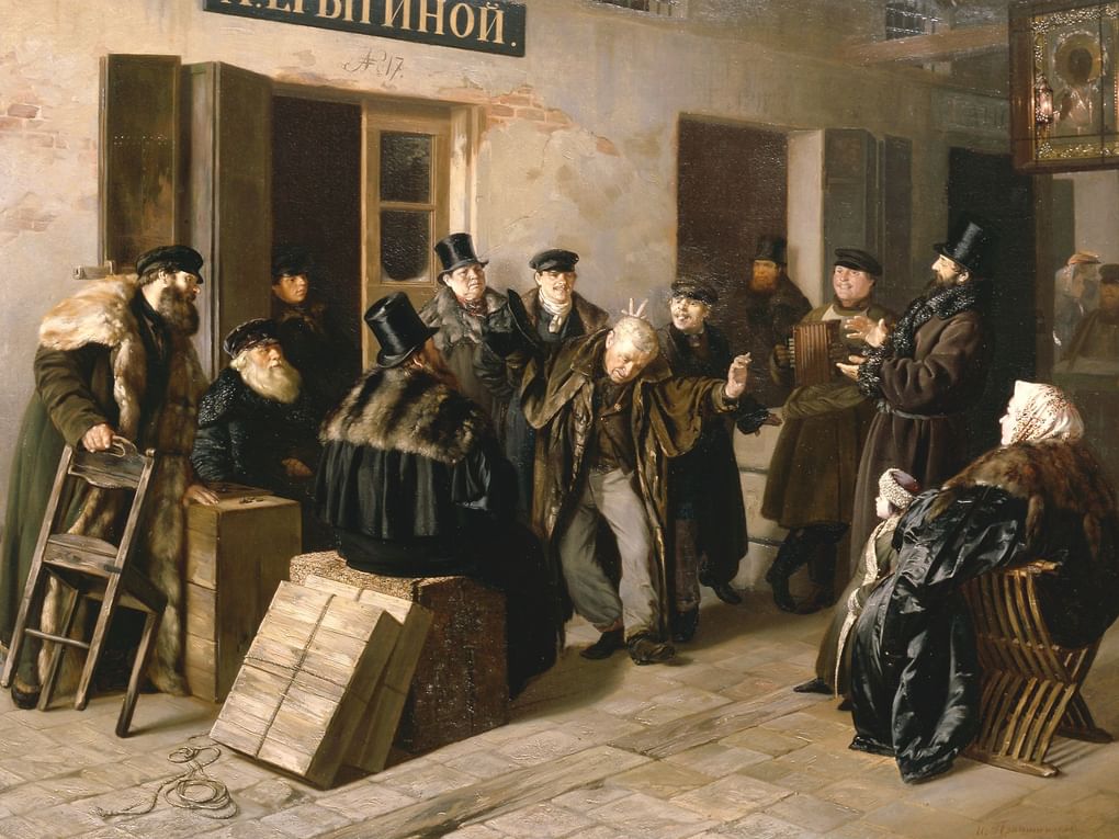 Илларион Прянишников. Шутники. Гостиный двор в Москве. 1865. Государственная Третьяковская галерея, Москва
