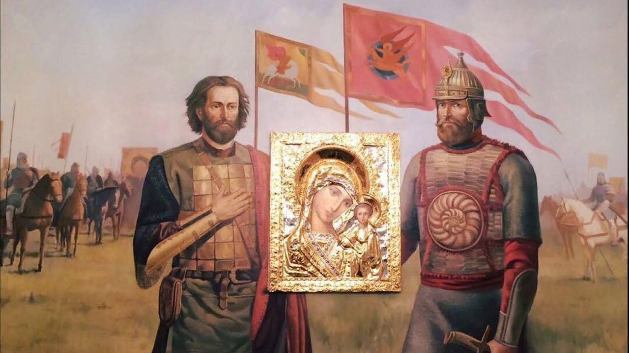 Пожарский ополчение. Икона Казанской Божьей матери Минин и Пожарский. Минин и Пожарский 1612. Минин и Пожарский с иконой Казанской Божьей.
