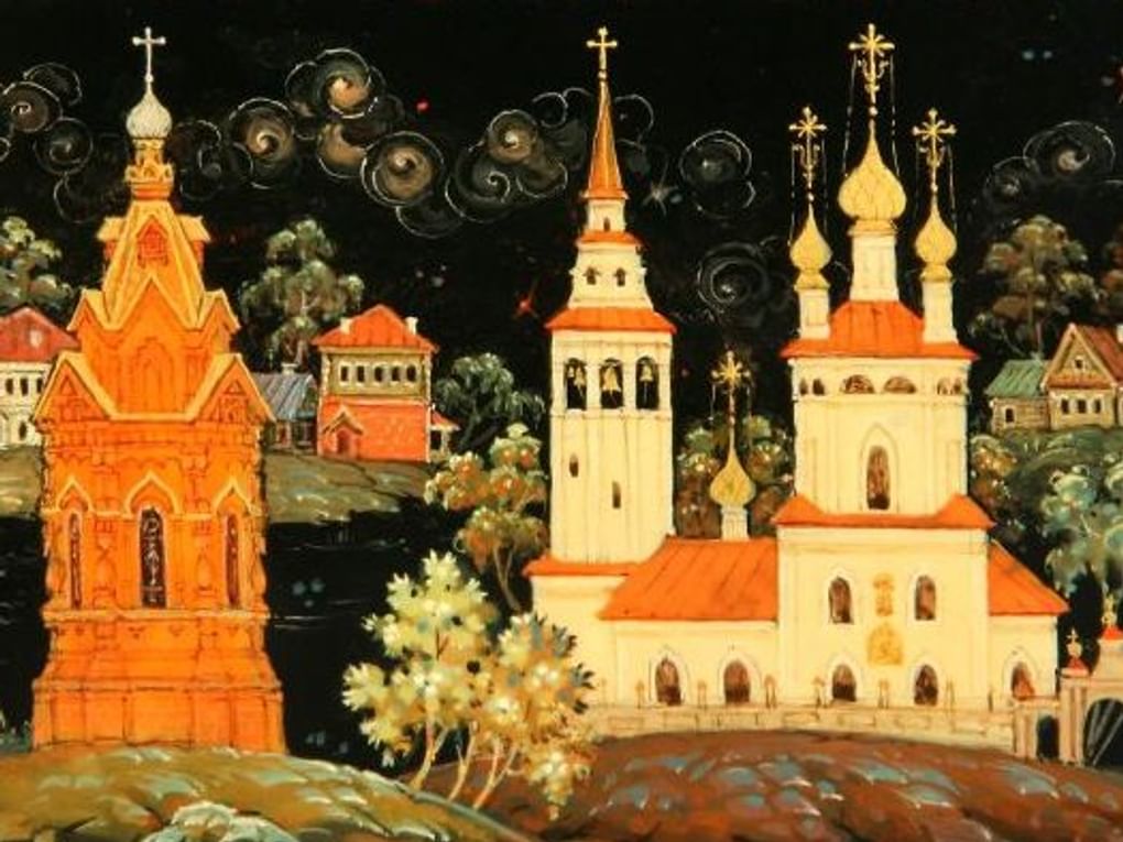 Виктор Блинов. Шкатулка «Холуйские архитектурные памятники». Холуй. 1970. Всероссийский музей декоративно-прикладного и народного искусства, Москва