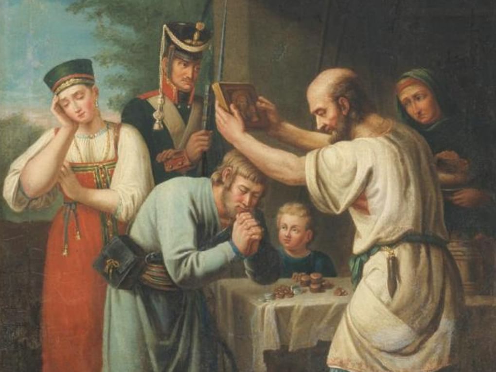 Иван Лучанинов. Благословение ополченца 1812 года (фрагмент). 1812. Рыбинский государственный историко-архитектурный и художественный музей-заповедник, Рыбинск, Ярославская область