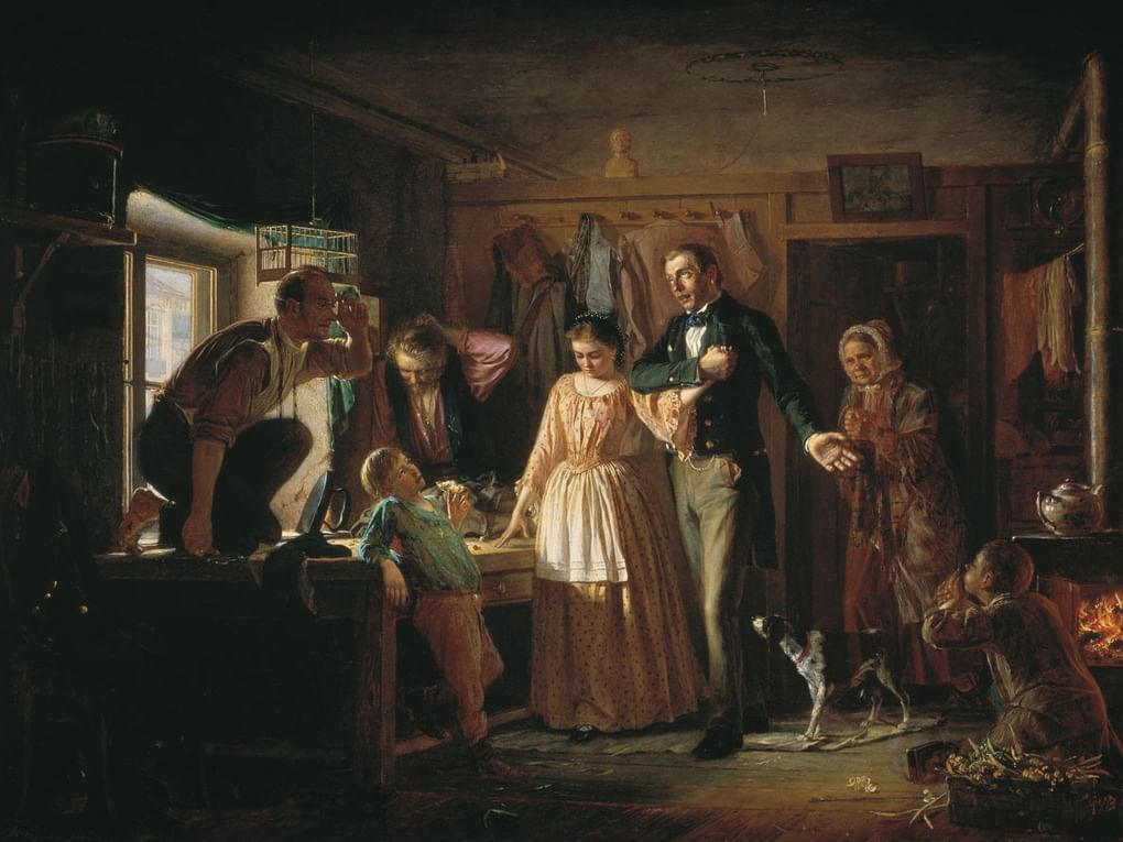 Николай Петров. Сватовство чиновника к дочери портного. 1862. Государственная Третьяковская галерея, Москва