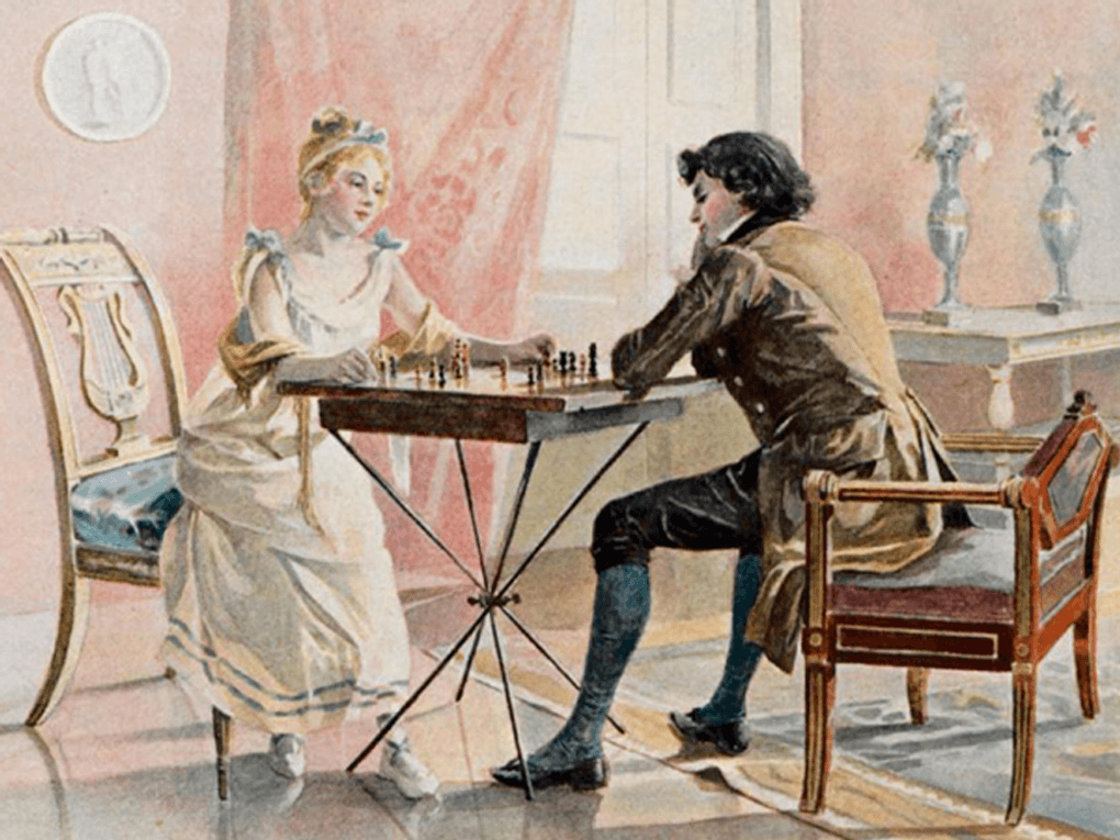Елена Самокиш-Судковская. Ольга Ларина и Ленский (фрагмент). 1908. Из книги типографии товарищества Р. Голике и А. Вольборг, Санкт-Петербург