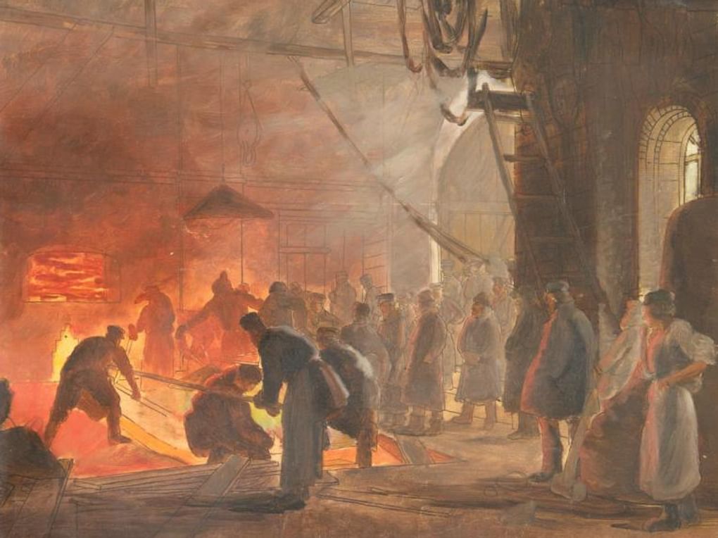 Михаил Виллие. Литье колоколов (на заводе Оловянишникова в Ярославле) (фрагмент). 1902. Государственный научно-исследовательский музей архитектуры имени А.В. Щусева, Москва