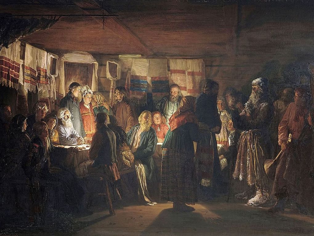 Василий Максимов. Приход колдуна на крестьянскую свадьбу (фрагмент). 1875. Государственная Третьяковская галерея, Москва