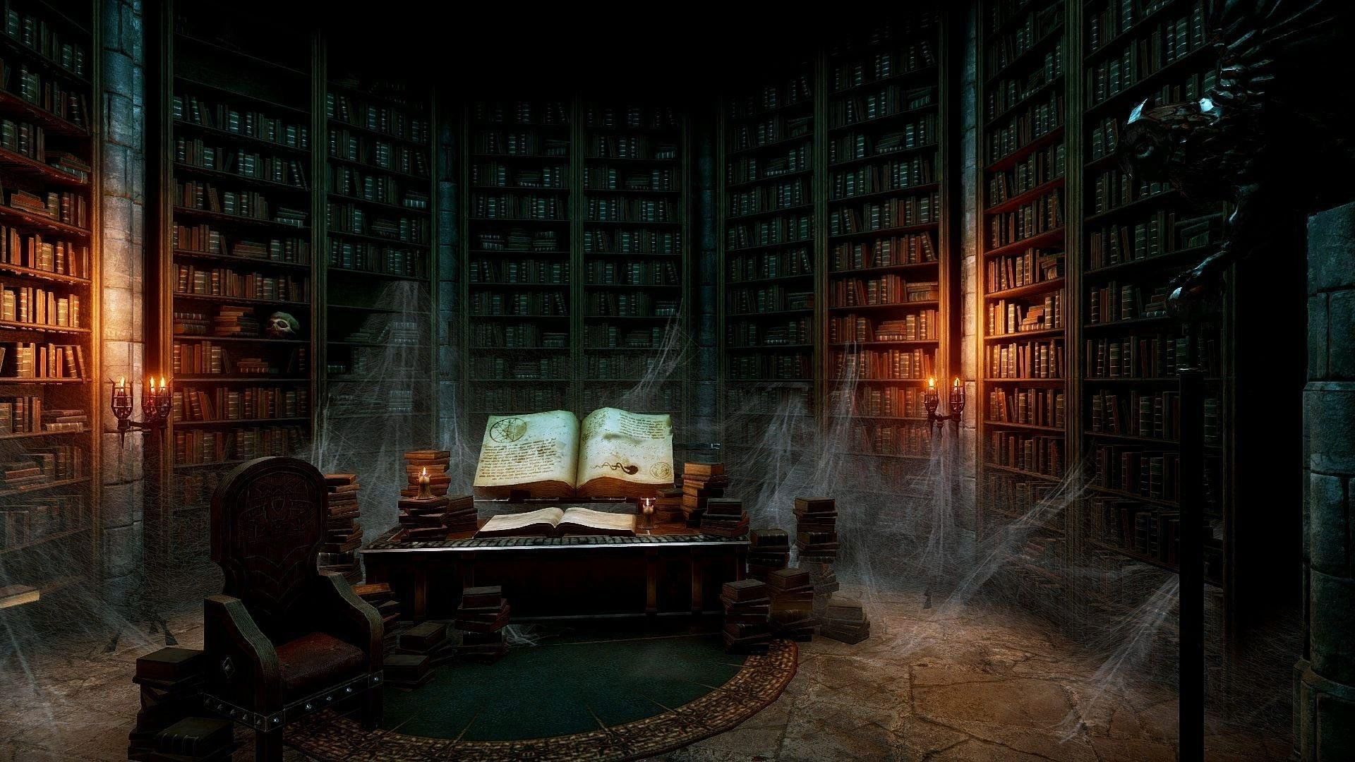 Magic library. Библиотека арт. Темная комната с книжными полками. Старинная библиотека.