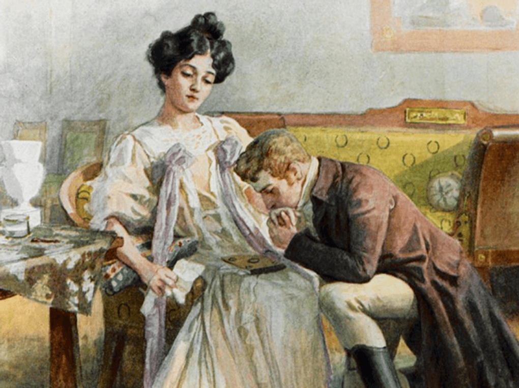 Елена Самокиш-Судковская. Онегин у ног Татьяны (фрагмент). 1908. Из книги типографии товарищества Р. Голике и А. Вольборг, Санкт-Петербург