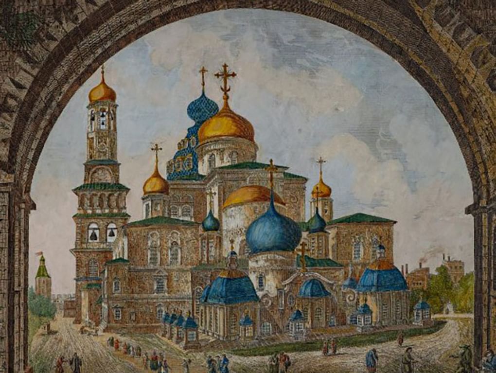 Гравюра И. Розонова с оригинала В. Казакова. Ново-Иерусалимский монастырь. Воскресенский собор. Вид из-под арки Святых ворот (фрагмент). 1800-е. Государственный исторический музей, Москва