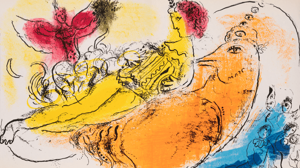 Марк Шагал. Аккордеонист. 1957. Цветная литография. Коллекция Altmans Gallery, Москва