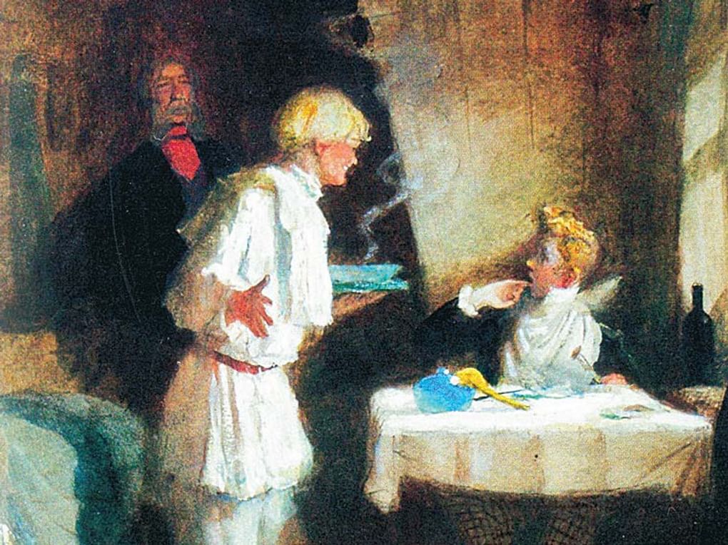 Ювеналий Коровин. Хлестаков обедает в трактире (фрагмент). Иллюстрация к пьесе Николая Гоголя «Ревизор». 1951. Государственный музей истории российской литературы имени В.И. Даля (Государственный литературный музей), Москва