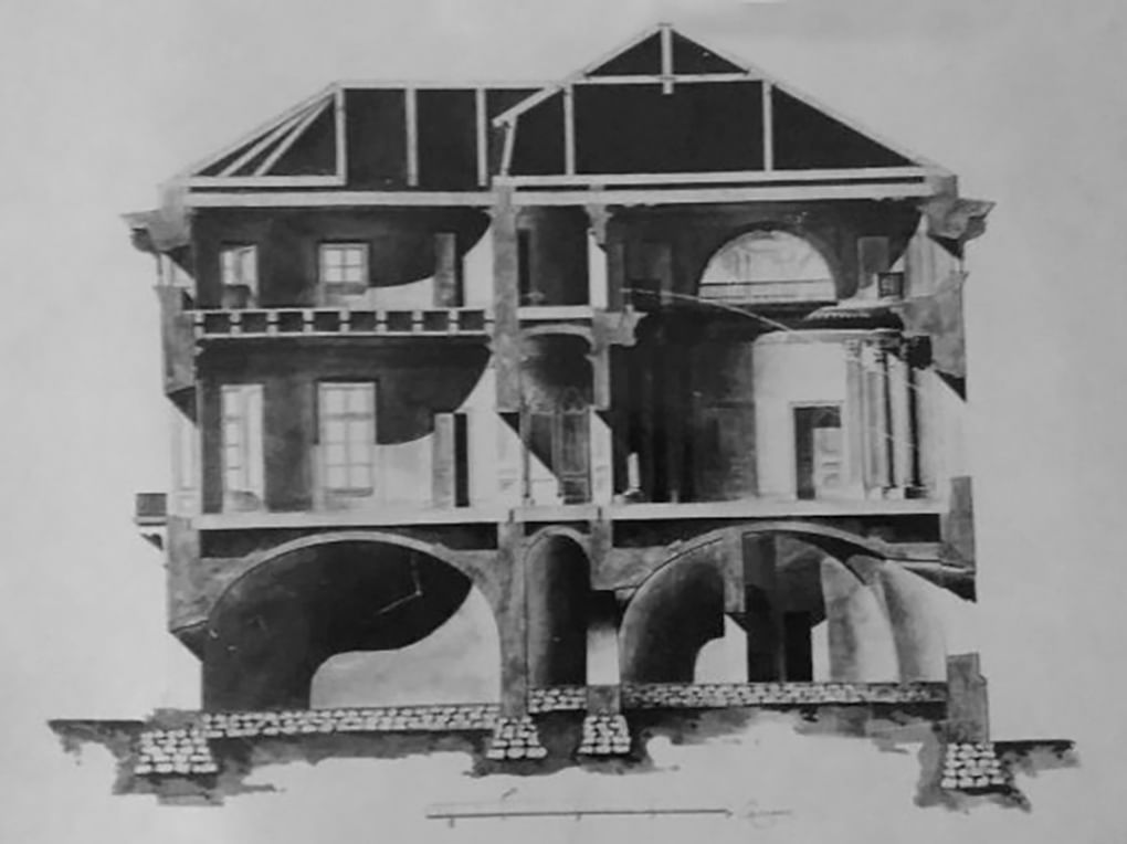Схема поперечного разреза дома Румянцева-Задунайского, Москва. 1940-е годы. Фотография: Государственный научно-исследовательский музей архитектуры им. А.В. Щусева, Москва