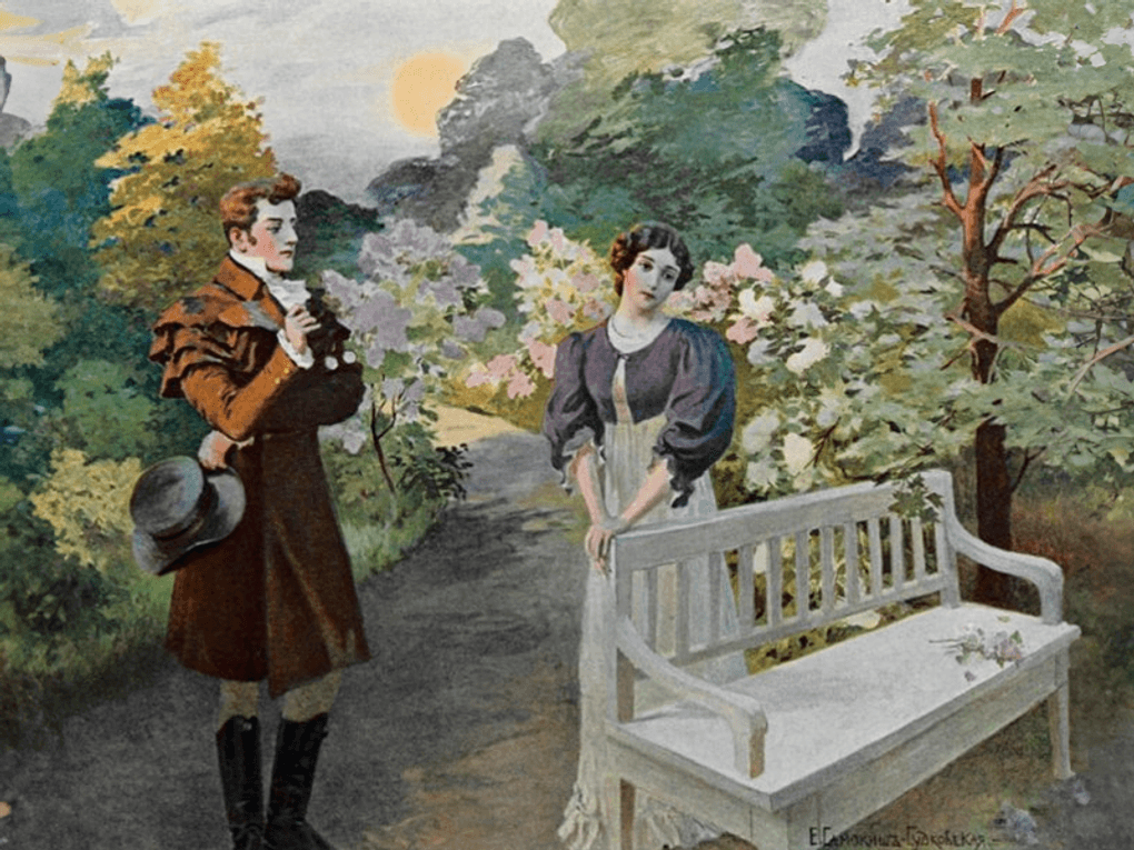 Елена Самокиш-Судковская. Евгений и Татьяна. Встреча в саду. Иллюстрация к роману Александра Пушкина «Евгений Онегин». Санкт-Петербург, издательское товарищество «Р.Р. Голике и А.И. Вильборг». 1908