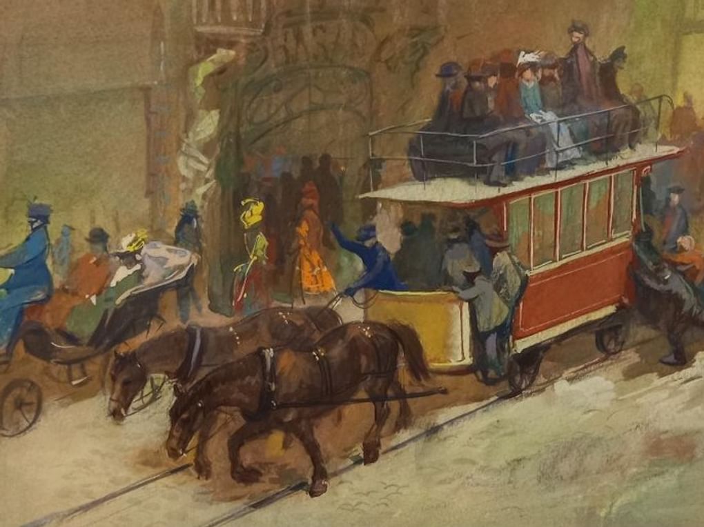 Олег Новозонов. Двухэтажная конка (фрагмент). Эскиз кадра к макету диафильма «Что кончается на «бус»?». 1979. Государственный центральный музей кино, Москва