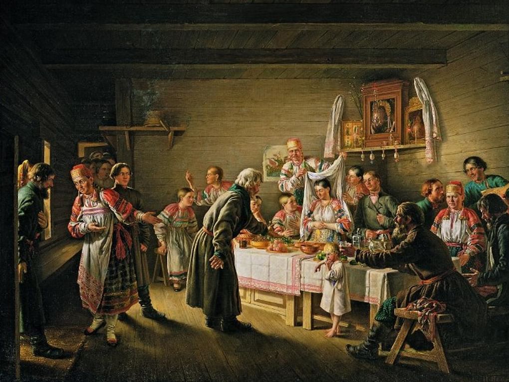 Николай Петров. Смотрины невесты (фрагмент). 1861. Государственный Русский музей, Санкт-Петербург