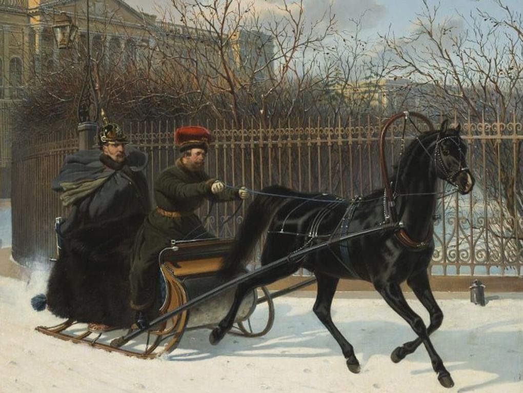 Николай Сверчков. Портрет Николая I в санях, в шинели с пелериной и каске (фрагмент). Середина XIX. Государственный Эрмитаж, Санкт-Петербург