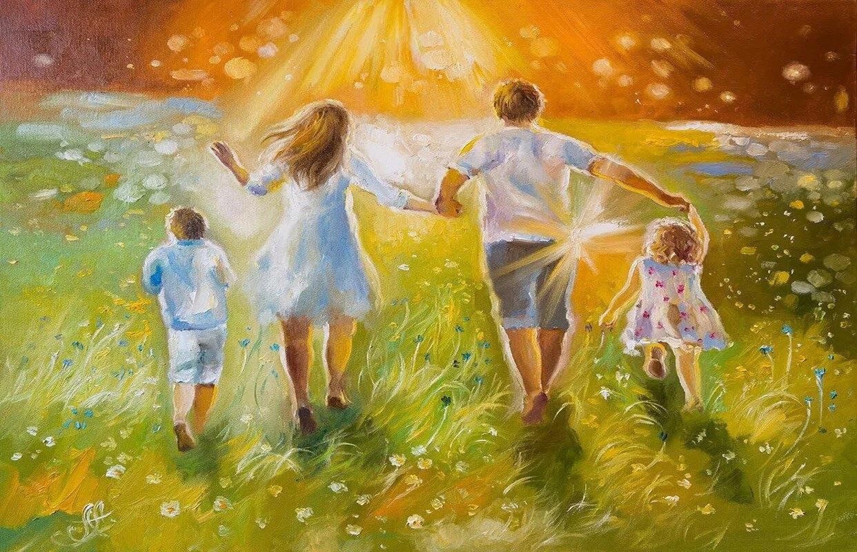 Книги год семьи 2024. Вальдорфская живопись семья. Картина счастье. Картина семейного счастья. Картина счастливая семья.