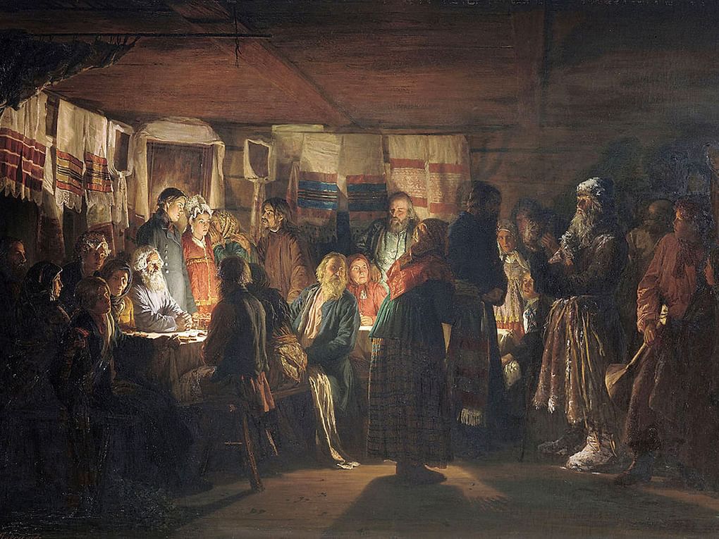 Василий Максимов. Приход колдуна на крестьянскую свадьбу (фрагмент). 1875. Государственная Третьяковская галерея, Москва