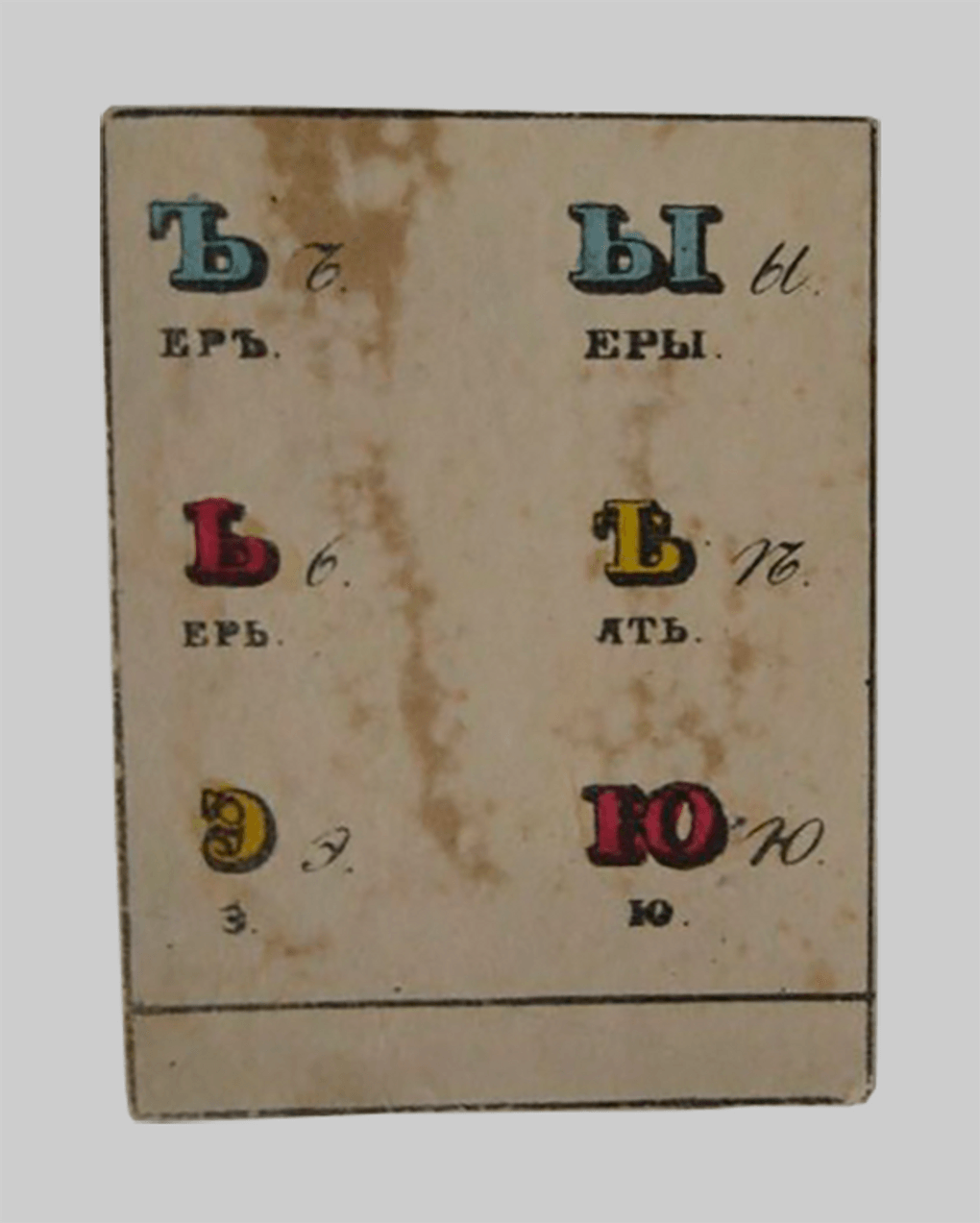 Неизвестный художник. «Еръ, еры, ерь, ять, э, ю». Разрезная азбука в картинках «Разносчики». 1830-е. Государственный музей А.С. Пушкина, Москва