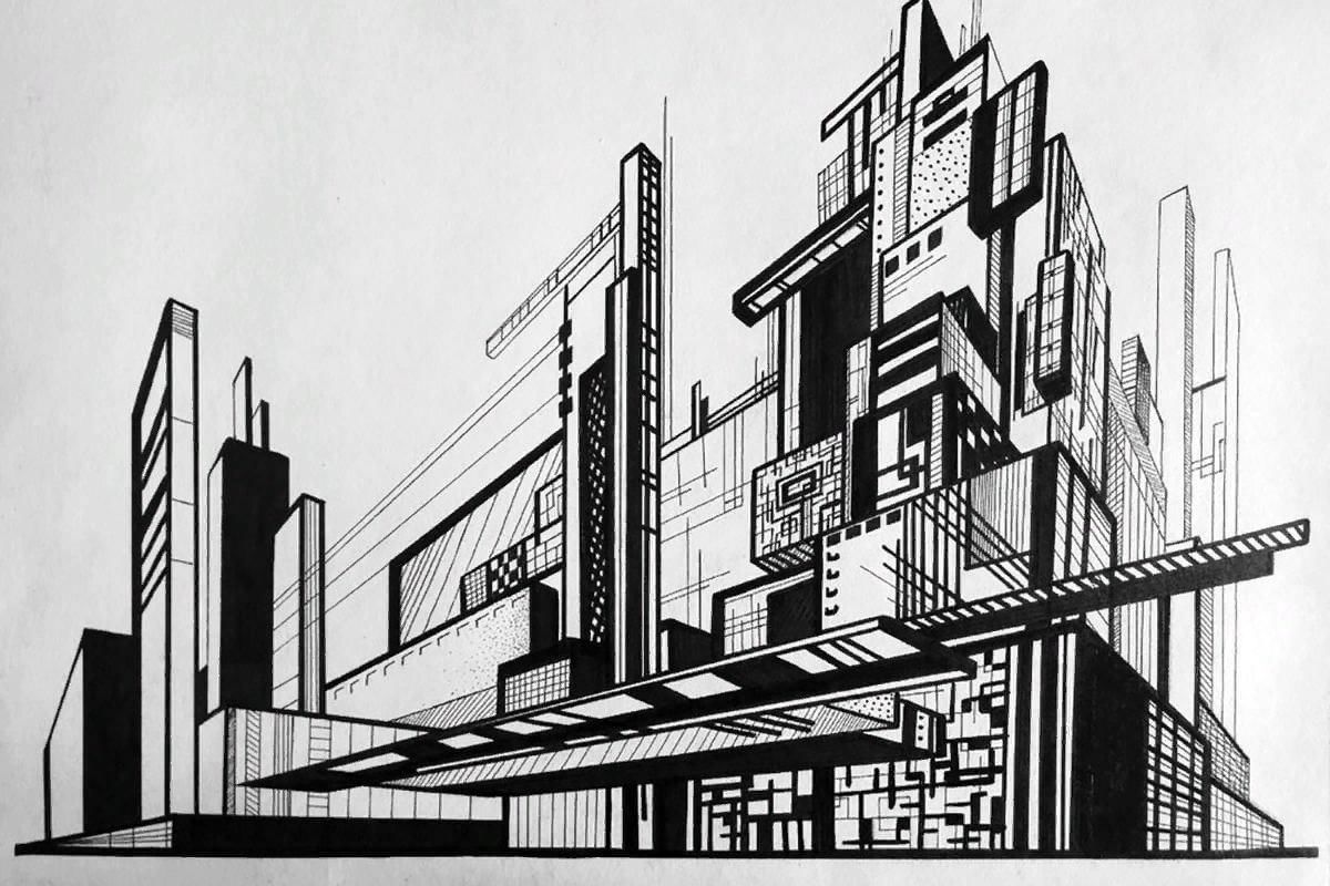 Здание в стиле конструктивизм рисунок карандашом