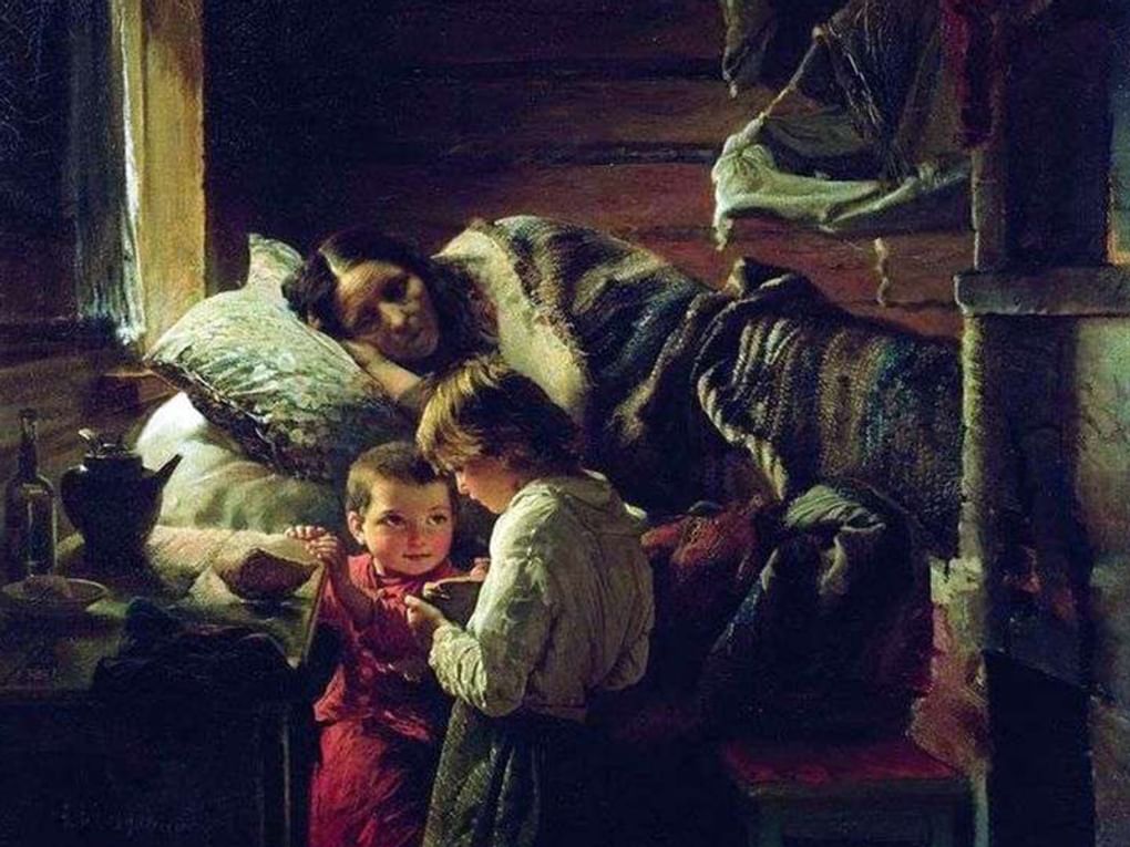 Алексей Корзухин. У краюшки хлеба (фрагмент). 1890. Государственный Русский музей, Санкт-Петербург