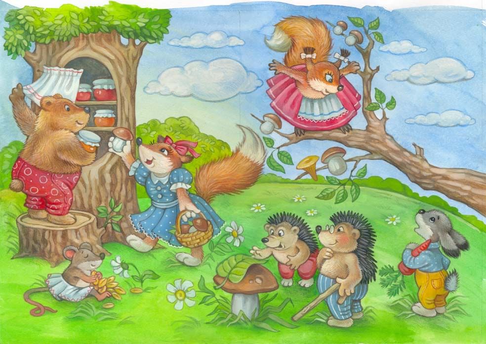 Ежик собирал грибы. Сюжетные картины. Сюжетные картины для дошкольников. Сказочные жители леса. Детские иллюстрации.