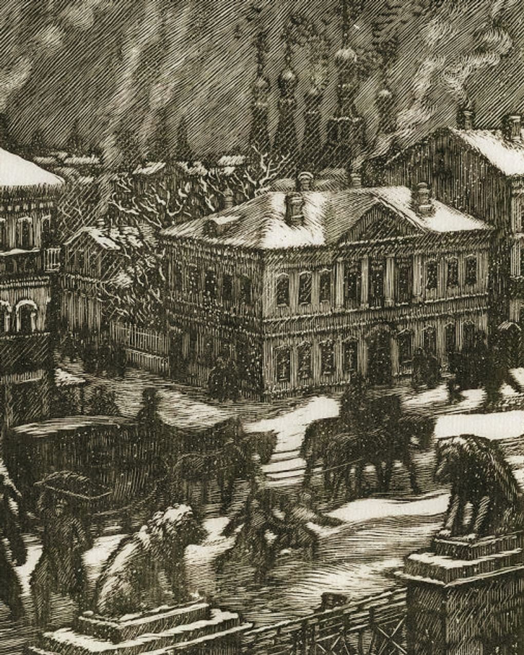 Федор Константинов. «...по Тверской возок несется через ухабы...» (фрагмент). Иллюстрация к роману Александра Пушкина «Евгений Онегин». 1949–1950. Нижнетагильский музей изобразительных искусств, Нижний Тагил