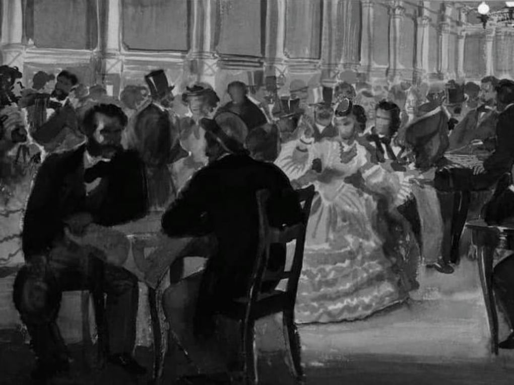 Петр Строев. Потугин и Литвинов в курзале (фрагмент). Иллюстрация к роману Ивана Тургенева «Дым». 1933. Литературный музей Института русской литературы (Пушкинский Дом) Российской академии наук, Санкт-Петербург