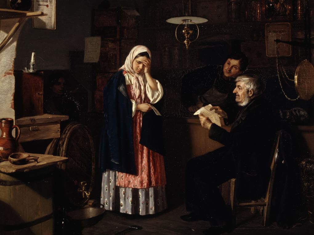 Илларион Прянишников. Чтение письма в мелочной лавке (фрагмент). 1864. Государственная Третьяковская галерея, Москва