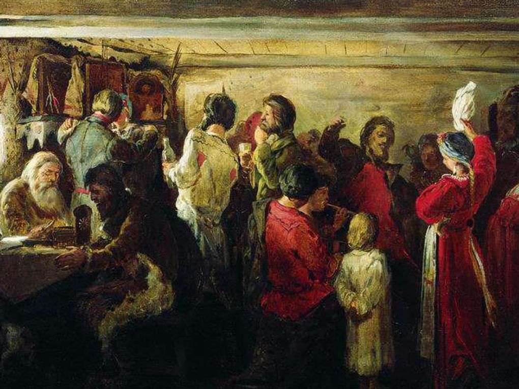 Андрей Рябушкин. Крестьянская свадьба в Тамбовской губернии (фрагмент). 1880. Государственная Третьяковская галерея, Москва