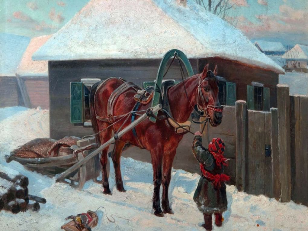 Петр Грузинский. Крестьянская девочка у саней (фрагмент). 1891. Частное собрание