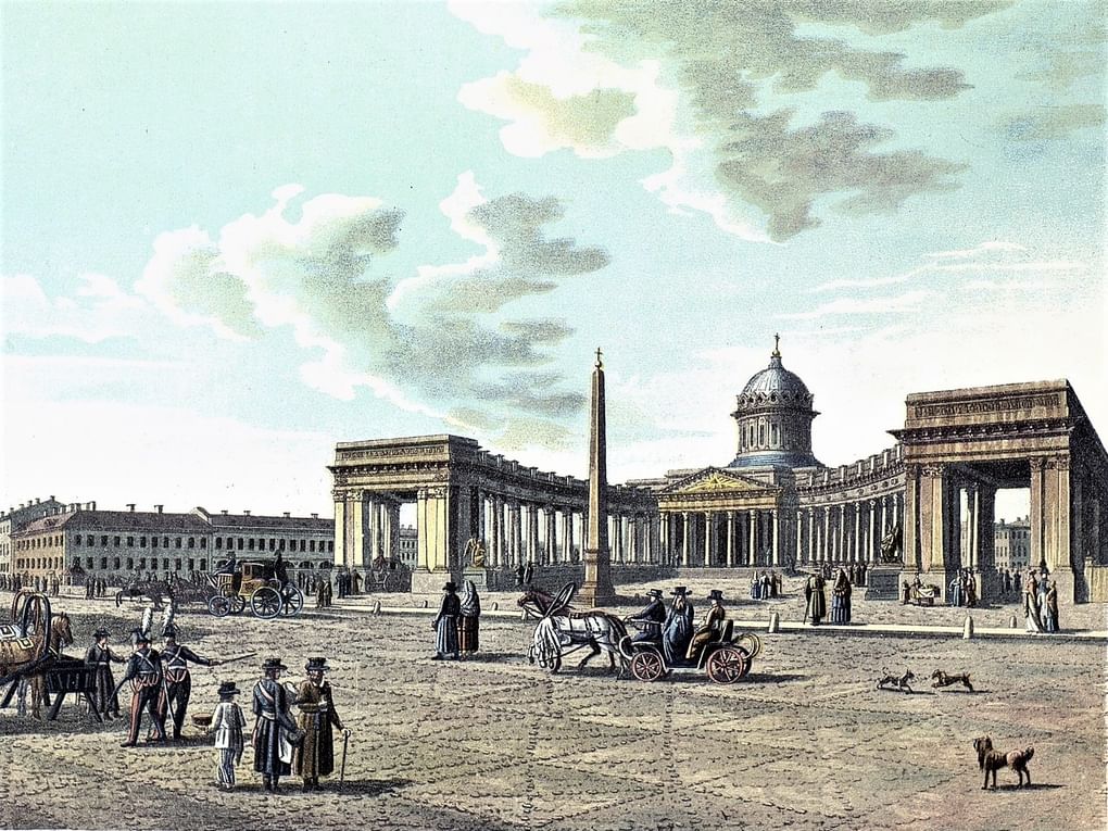 Вид Казанского собора в 1821 году. Цветная литография по рисунку Б. Патерсена. Частное собрание