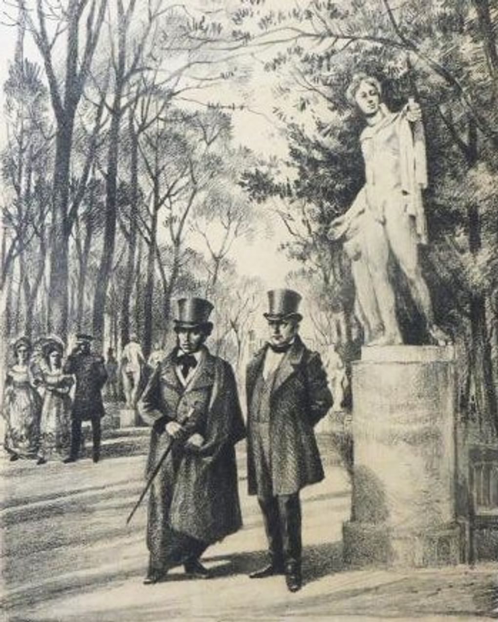 Николай Павлов. Александр Пушкин с Василием Жуковским в Летнем саду. 1937. Государственный музей истории российской литературы им. В.И. Даля, Москва