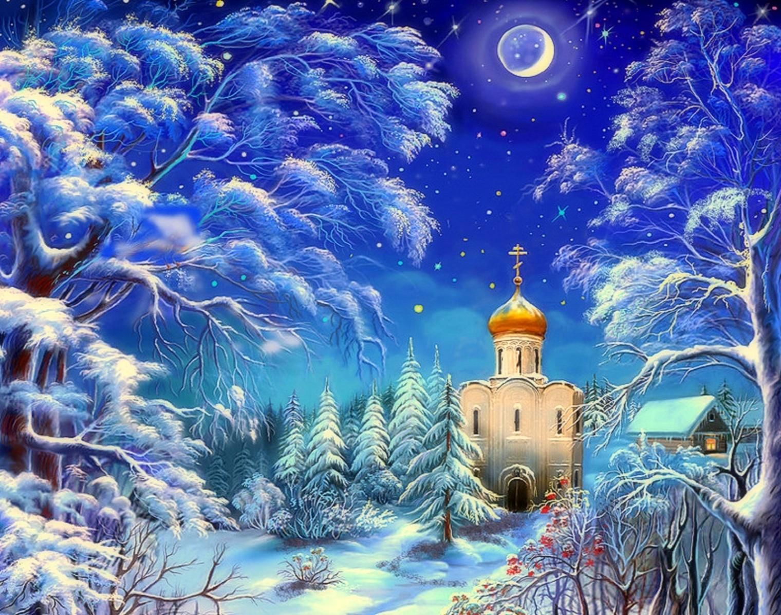 Церковь зимой рисунок