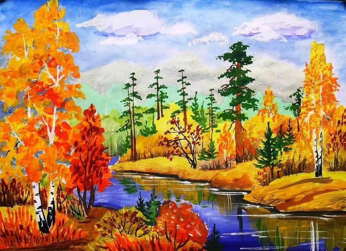 Пейзаж 2 класс. Краски осени. Осенний пейзаж гуашью. Осенний пейзаж для детей. Краски осени рисунок.
