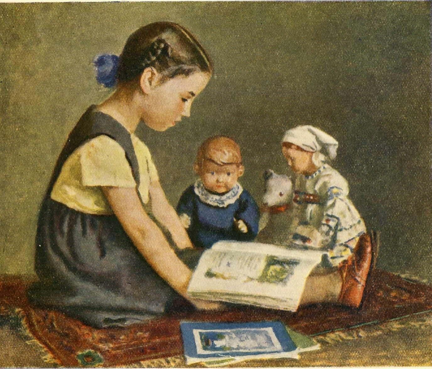 И И Ершов Ксения читает сказки куклам 1950 г