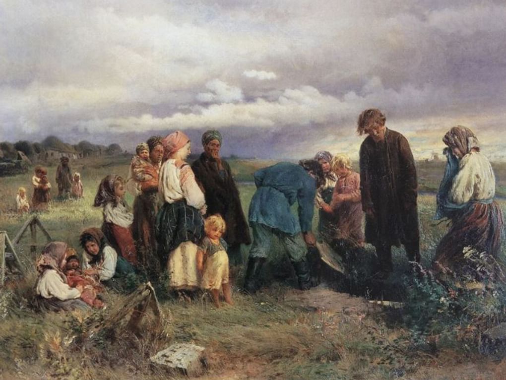 Константин Маковский. Похороны ребенка в деревне (фрагмент). 1872. Севастопольский художественный музей им. М.П. Крошицкого, Севастополь
