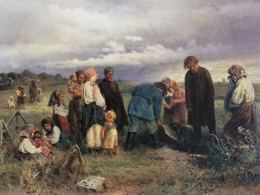 Константин Маковский. Похороны ребенка в деревне (фрагмент). 1872. Севастопольский художественный музей им. М.П. Крошицкого, Севастополь