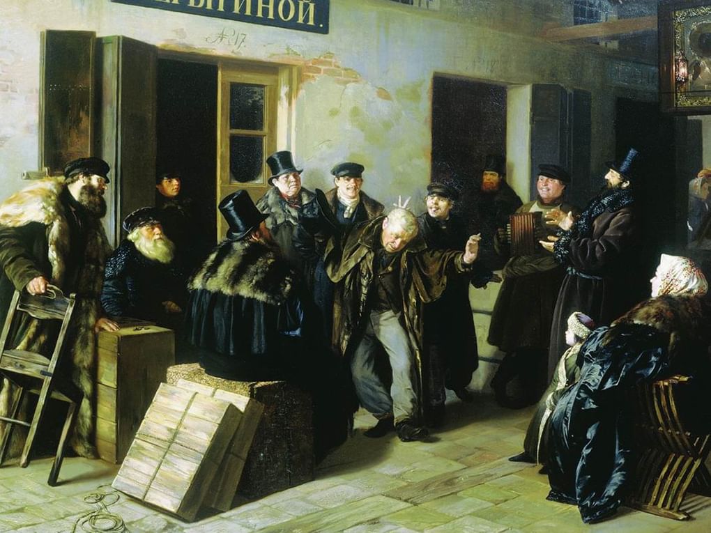 Илларион Прянишников. Шутники. Гостиный двор в Москве (фрагмент). 1865. Государственная Третьяковская галерея, Москва