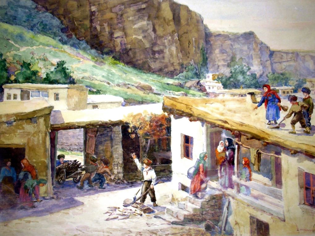 Дмитрий Капаницын. Тимуровцы в ауле. 1943. Национальный музей Республики Дагестан им. А. Тахо-Годи, Махачкала