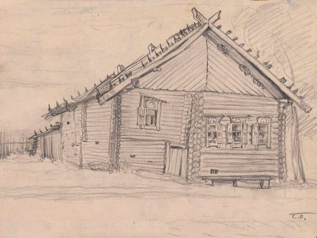 Софья Просвиркина. Дом с прирубной горницей на подклете 1871 года в селе Шаготь Ярославской губернии (фрагмент). 1926. Государственный исторический музей, Москва