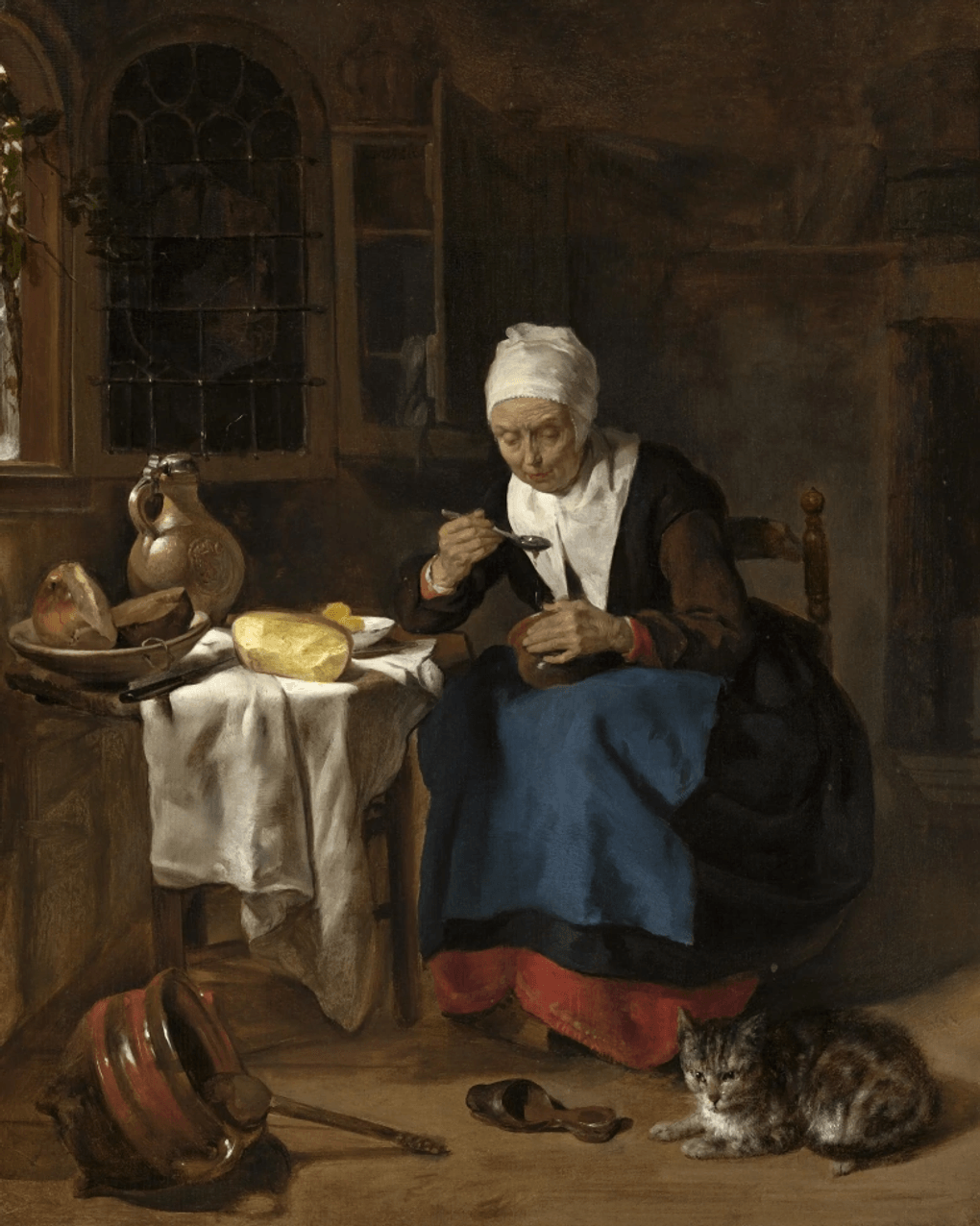 Габриель Метсю. Пожилая женщина ест кашу. 1657. Частное собрание, Нидерланды