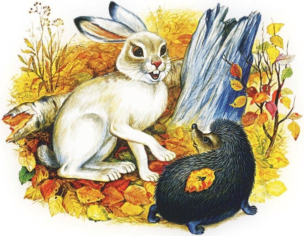 Рисунок зайчик и ежик