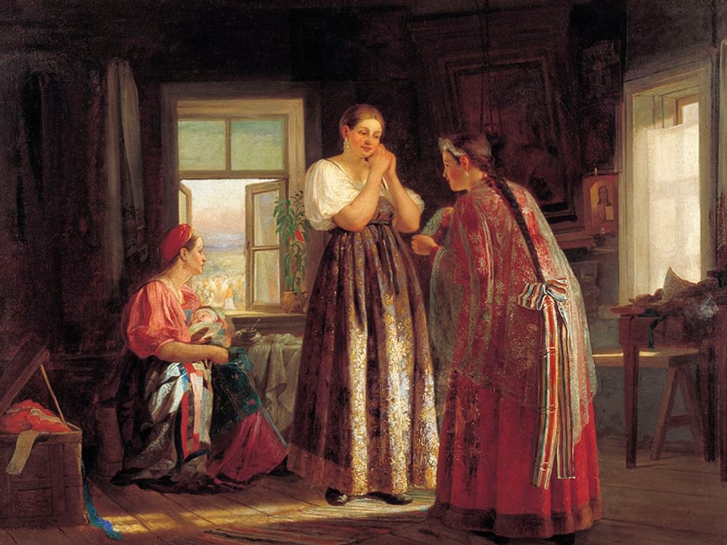 Василий Максимов. Сборы на гулянье (фрагмент). 1869. Государственный музей искусств им. А. Кастеева Республики Казахстан, Алматы, Республика Казахстан