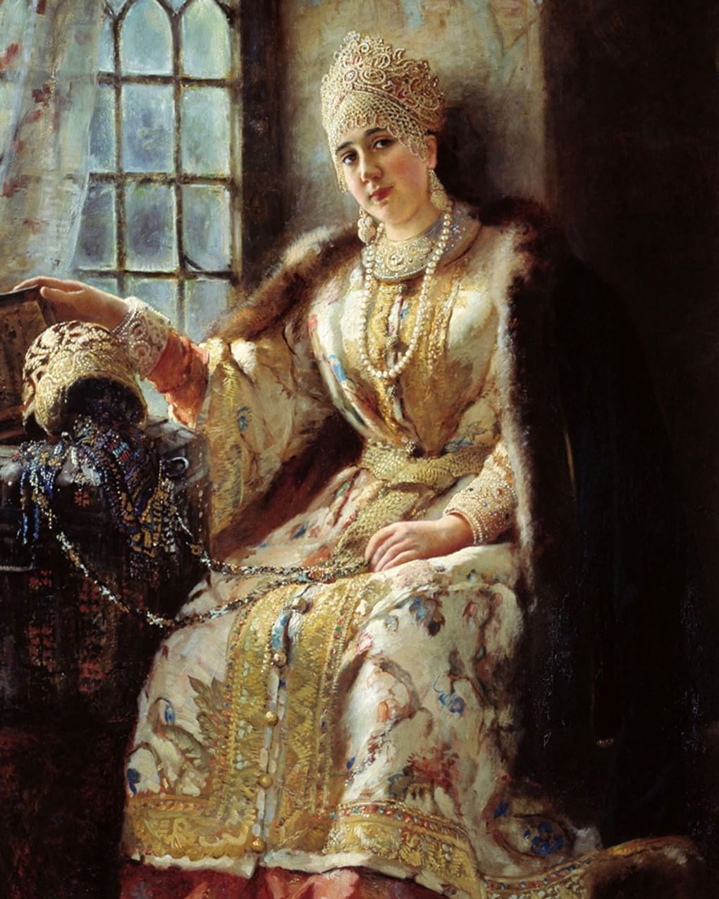 Константин Маковский. Боярыня у окна (фрагмент). 1885. Омский областной музей изобразительных искусств им. М.А. Врубеля, Омск