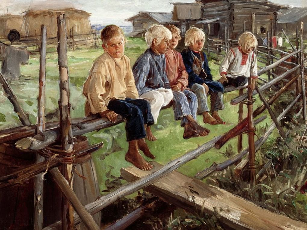 Илларион Прянишников. Воробьи (Ребятишки на изгороди) (фрагмент). 1880-е (?). Ивановский областной художественный музей, Иваново