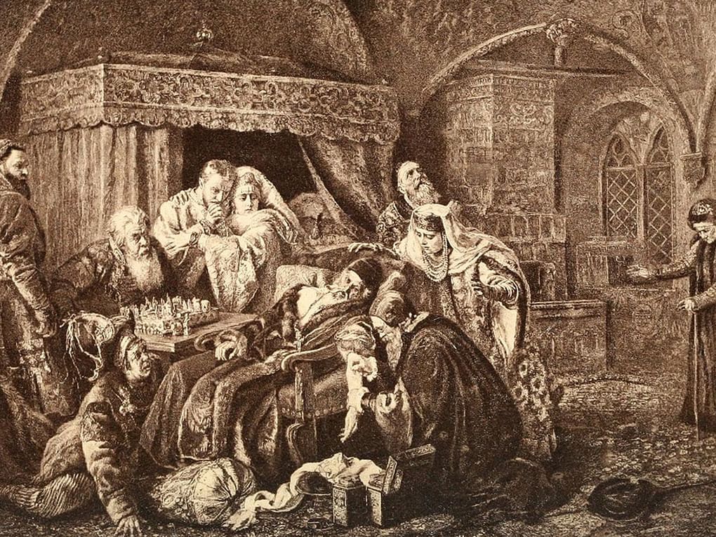 Константин Маковский. Смерть Ивана Грозного (фрагмент). Литография с утраченной картины. 1888. Частное собрание