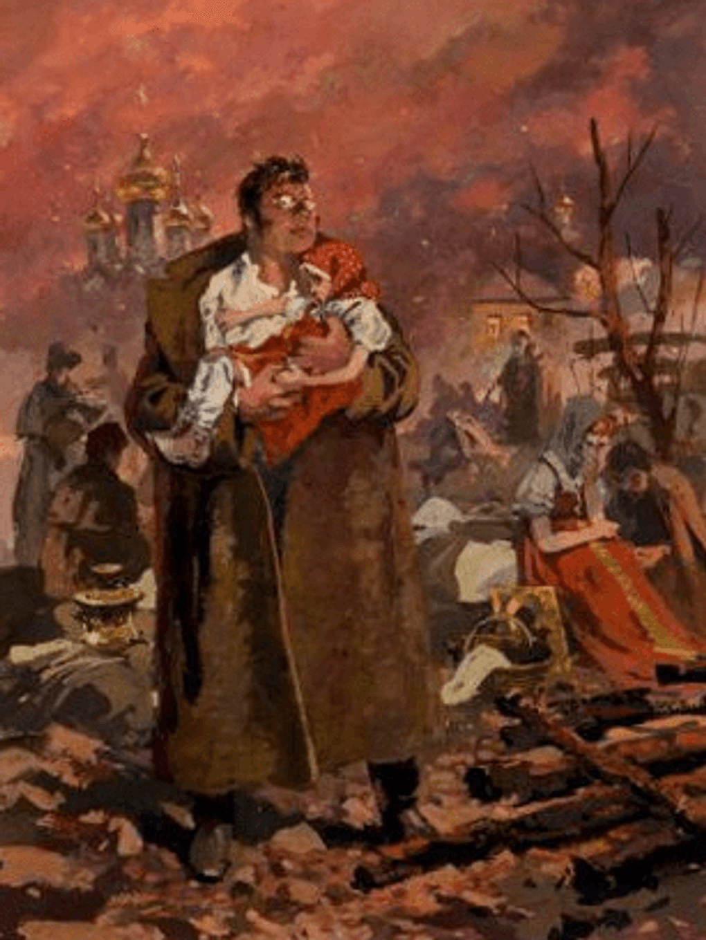 Андрей Николаев. Пьер в плену спасает девочку (фрагмент). Иллюстрация к роману Льва Толстого «Война и мир». 1971–1975. Музей-панорама «Бородинская битва», Москва