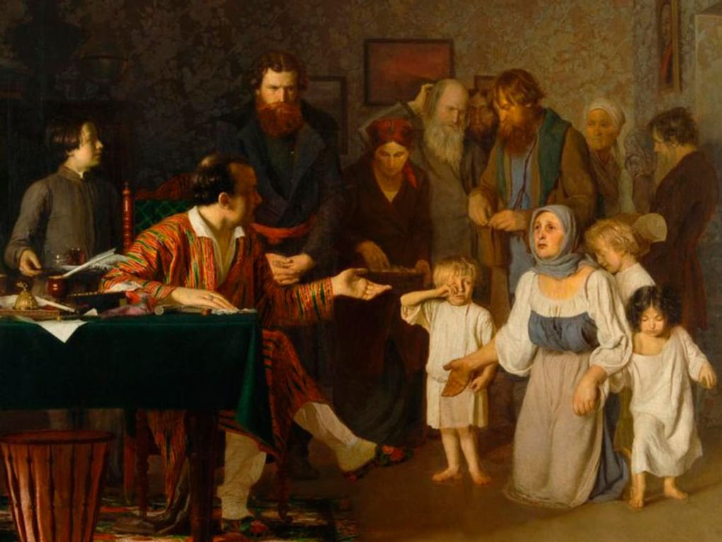 Семен Черкасский. Крепостные у помещика (фрагмент). 1860. Государственный Владимиро-Суздальский историко-архитектурный и художественный музей-заповедник, Владимир