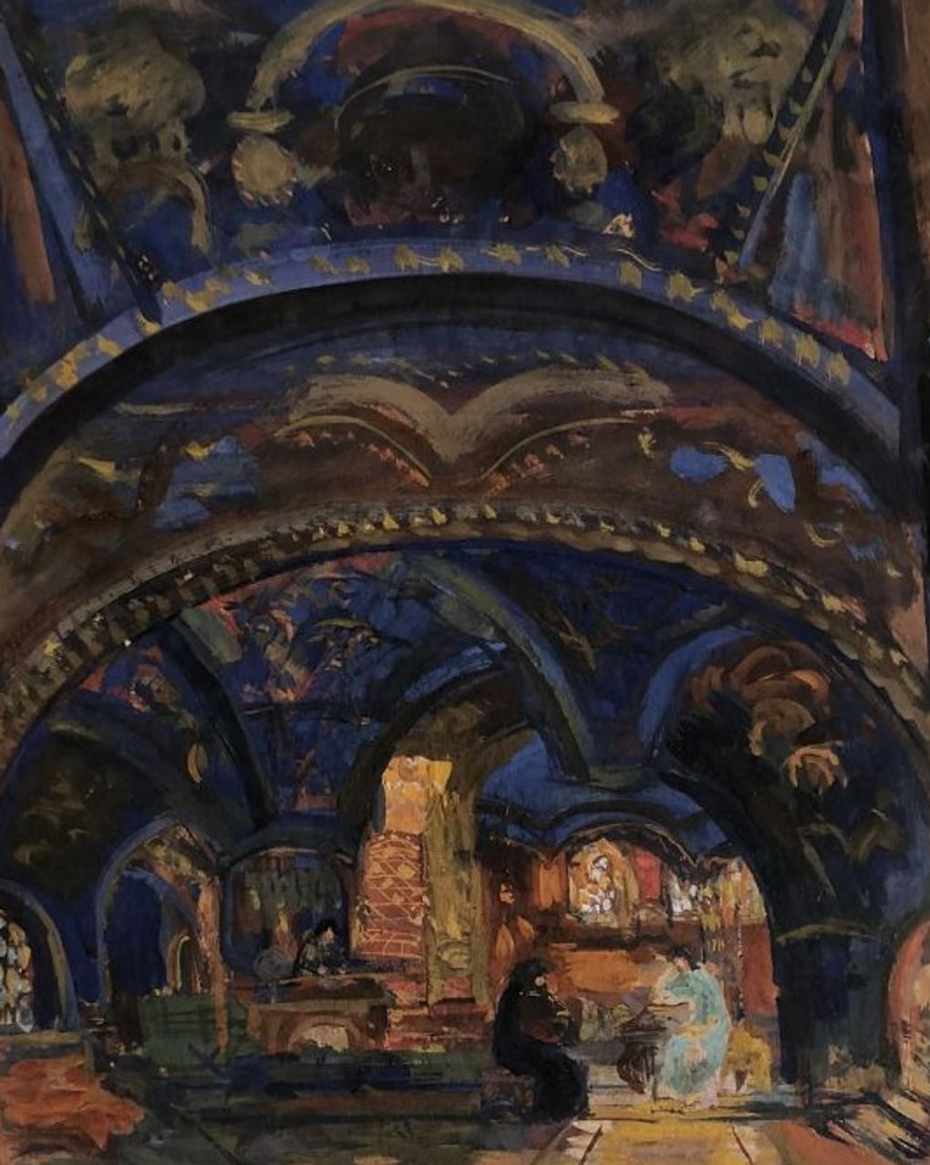 Нина Мозалевская. Ксения и мамка (фрагмент). Эскиз декорации к опере «Борис Годунов». Государственный центральный театральный музей имени А.А. Бахрушина, Москва