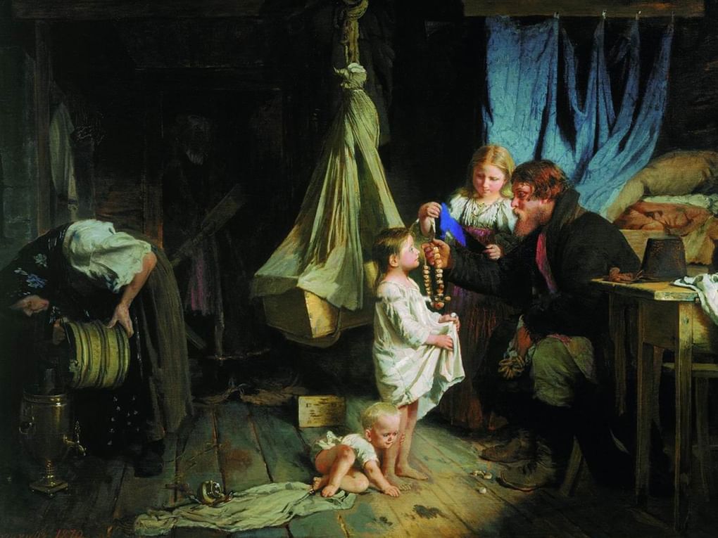 Алексей Корзухин. Возвращение из города (фрагмент). 1870. Государственная Третьяковская галерея, Москва 