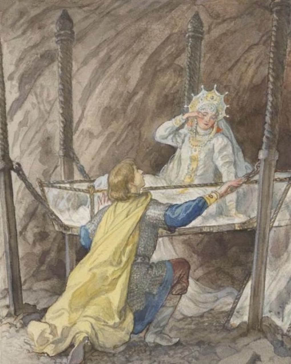 Борис Дехтерев. «Гроб разбился. Дева вдруг, Ожила...». Иллюстрация к сказке Александра Пушкина «Сказка о мертвой царевне и семи богатырях». 1949–1957. Школа акварели Сергея Андрияки, Москва